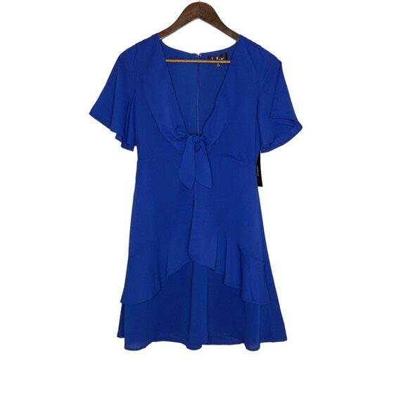 Lulus NWT Jewell Royal Blue Tie Front Ruffled Skater Mini Dress‎ Size Small - Picture 1 of 10